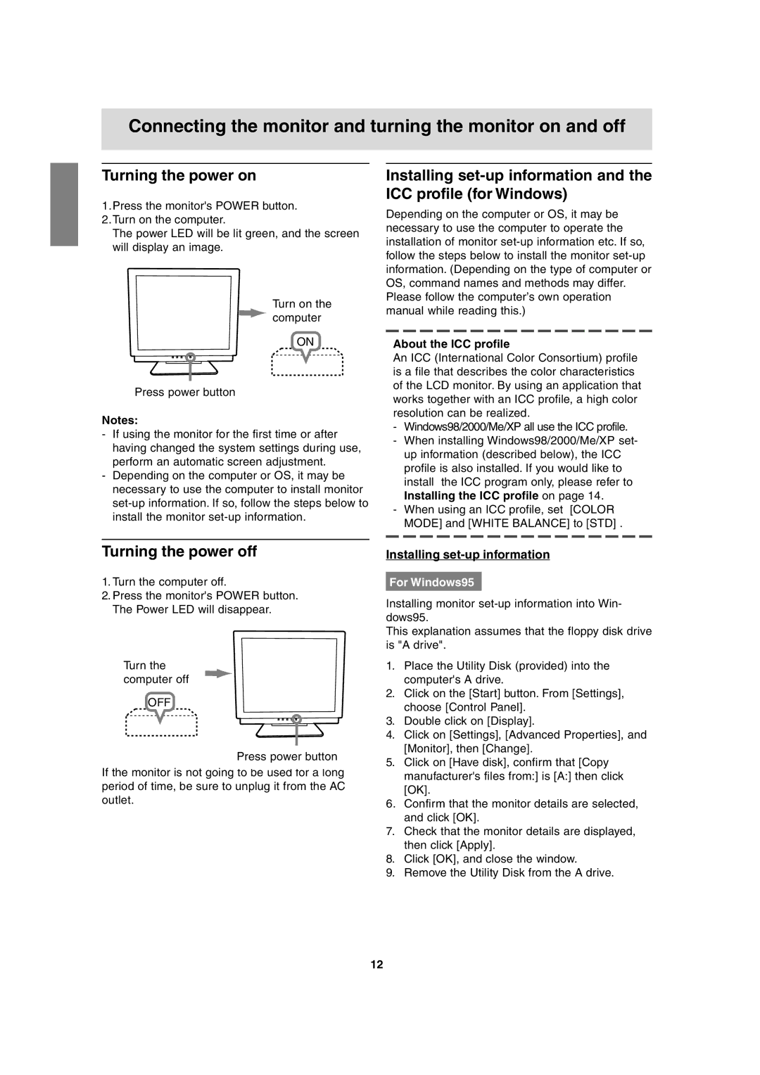 Sharp LL-T17A3 Connecting the monitor and turning the monitor on and off, Turning the power on, Turning the power off 