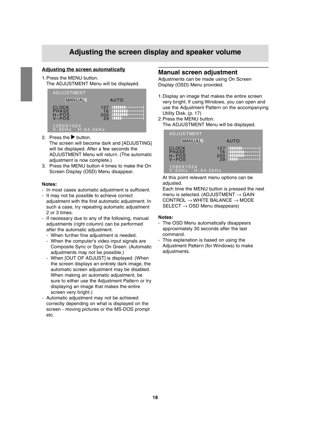 Sharp LL-T17A3 operation manual Manual screen adjustment, Adjusting the screen automatically 