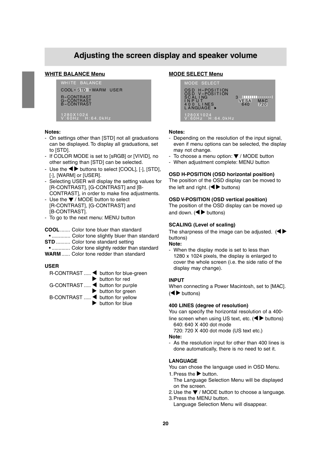 Sharp LL-T17A3 White Balance Menu, Mode Select Menu, OSD V-POSITION OSD vertical position, Scaling Level of scaling 