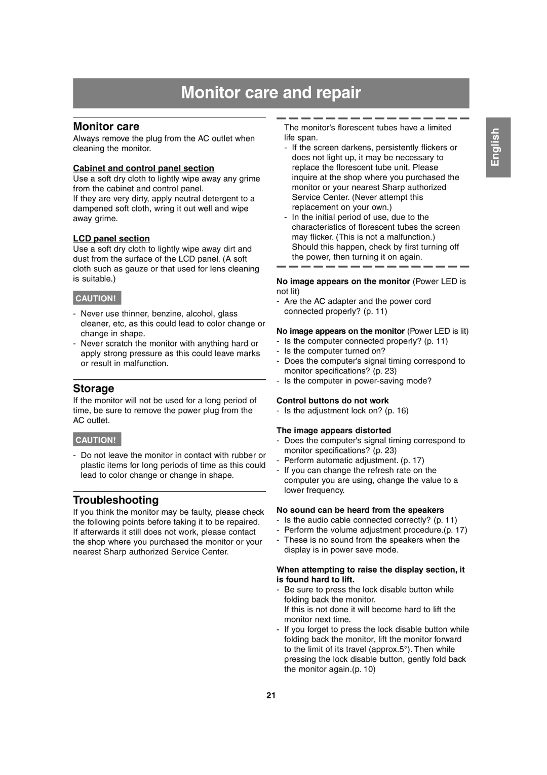 Sharp LL-T17A3 operation manual Monitor care and repair, Storage, Troubleshooting 