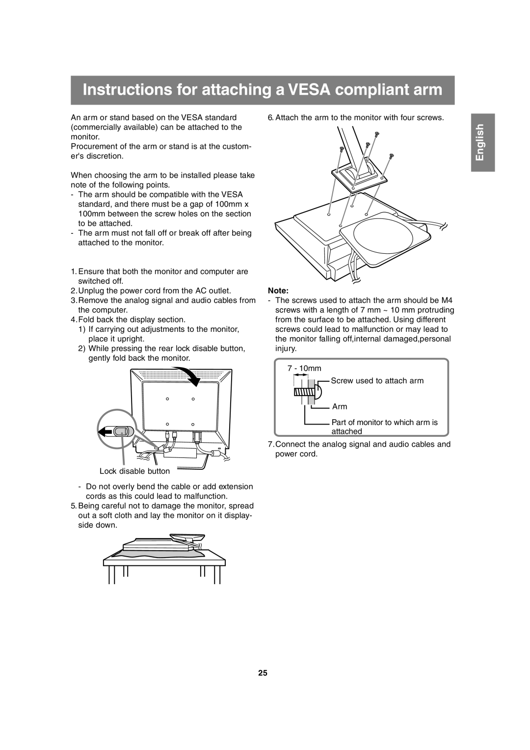 Sharp LL-T17A3 operation manual Instructions for attaching a Vesa compliant arm 