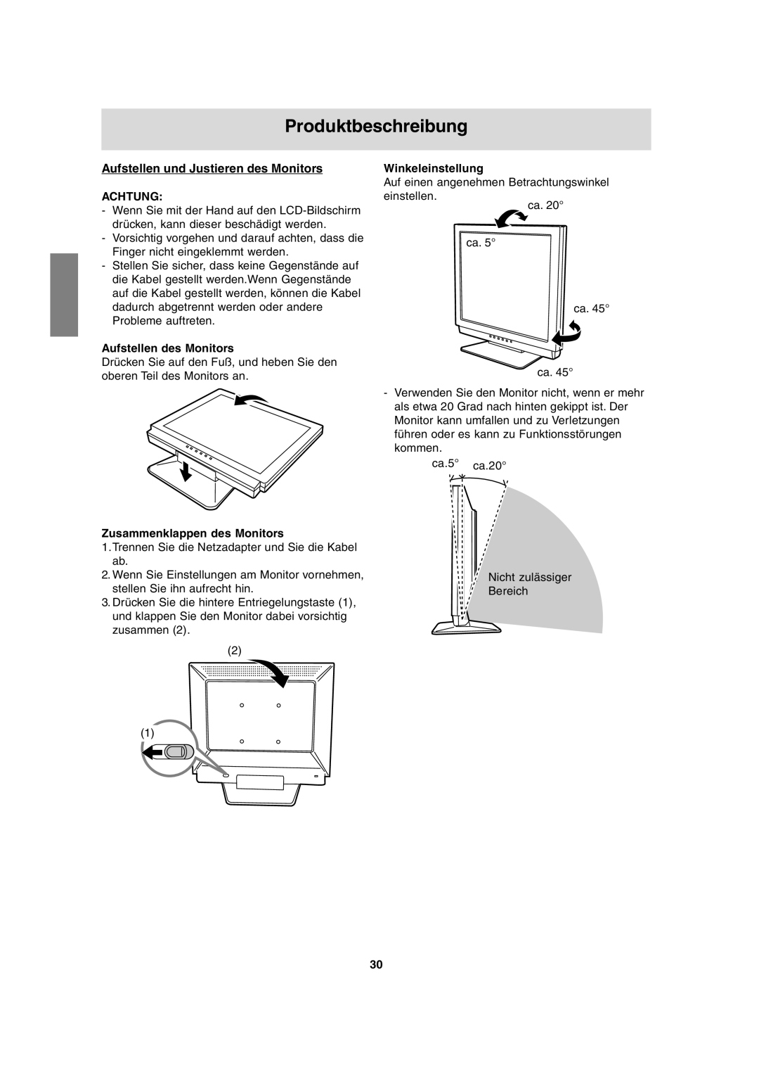 Sharp LL-T17A3 Produktbeschreibung, Aufstellen und Justieren des Monitors, Aufstellen des Monitors, Winkeleinstellung 