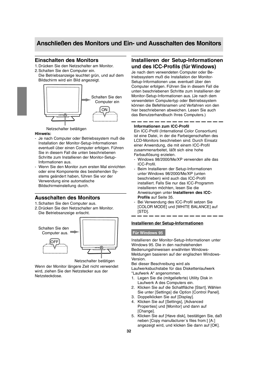 Sharp LL-T17A3 Einschalten des Monitors, Ausschalten des Monitors, Installieren der Setup-Informationen, Für Windows 