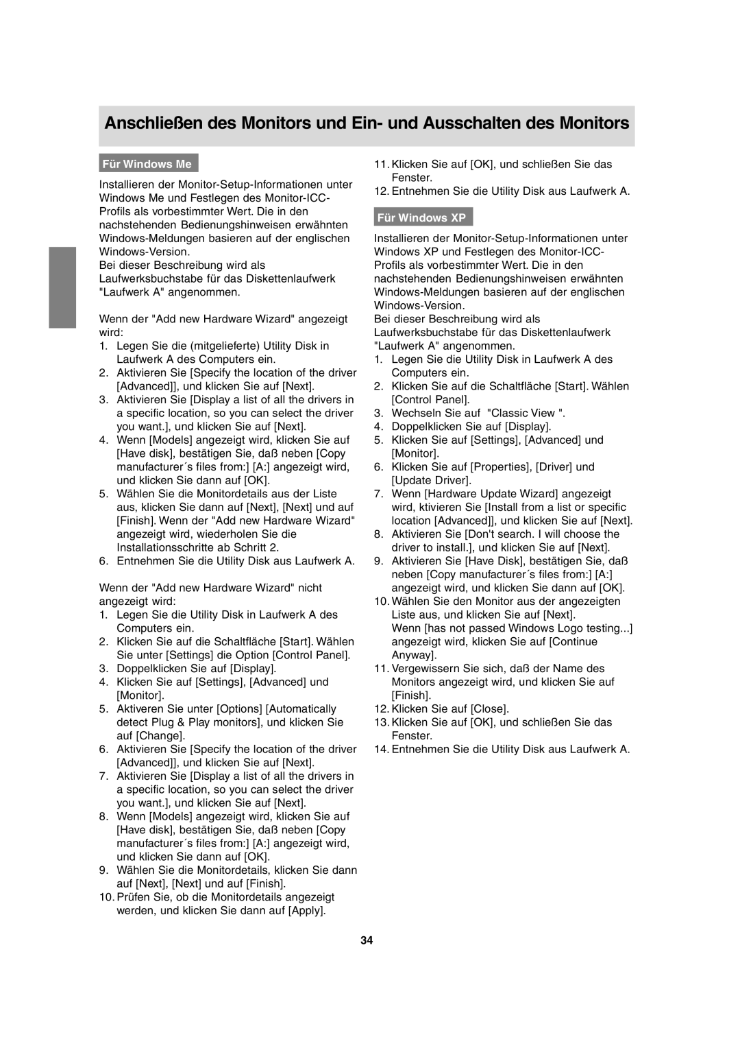 Sharp LL-T17A3 operation manual Für Windows Me, Für Windows XP 