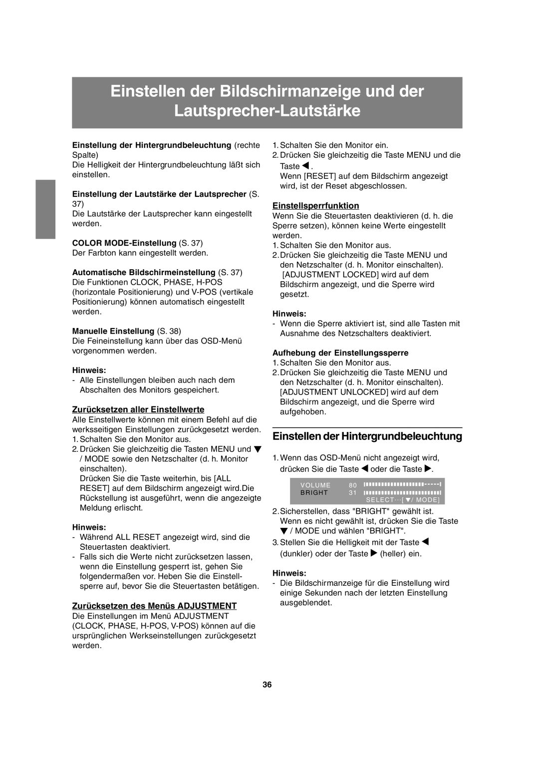 Sharp LL-T17A3 Einstellen der Hintergrundbeleuchtung, Zurücksetzen aller Einstellwerte, Zurücksetzen des Menüs Adjustment 