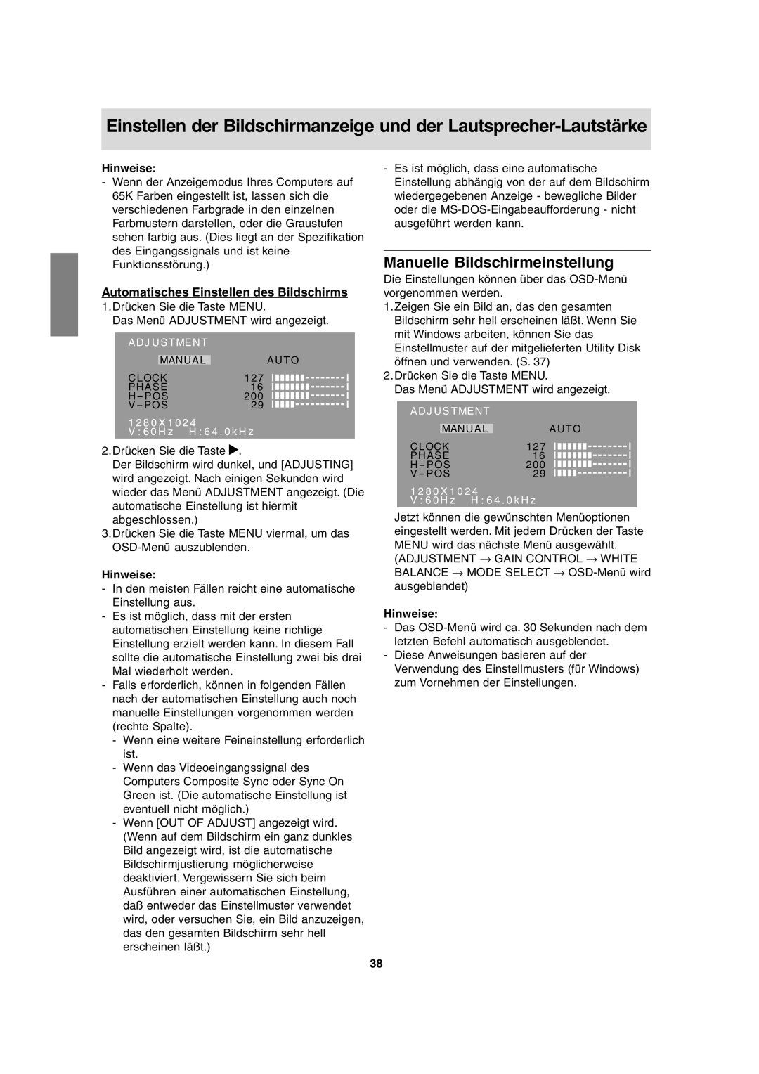 Sharp LL-T17A3 operation manual Manuelle Bildschirmeinstellung, Automatisches Einstellen des Bildschirms 