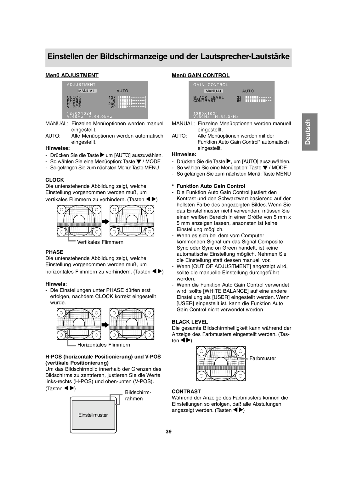 Sharp LL-T17A3 operation manual Menü Adjustment Menü Gain Control, Funktion Auto Gain Control 