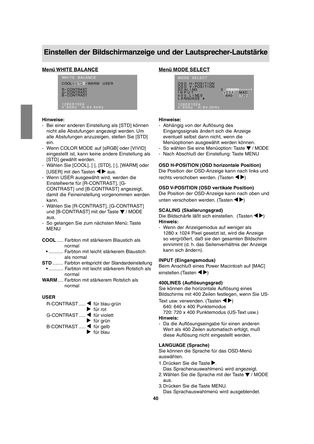 Sharp LL-T17A3 operation manual Menü White Balance, Menü Mode Select 