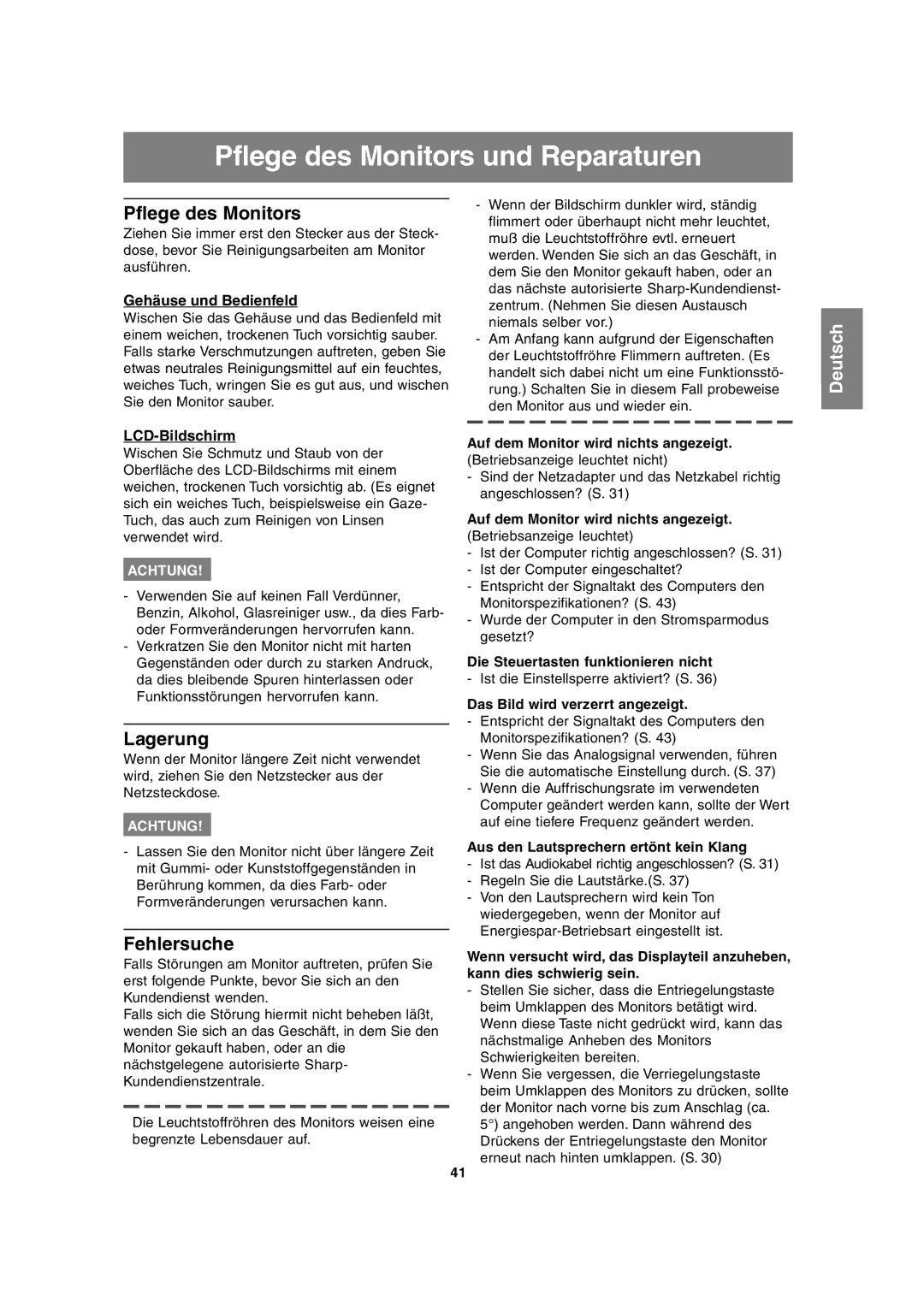 Sharp LL-T17A3 operation manual Pflege des Monitors und Reparaturen, Lagerung, Fehlersuche 