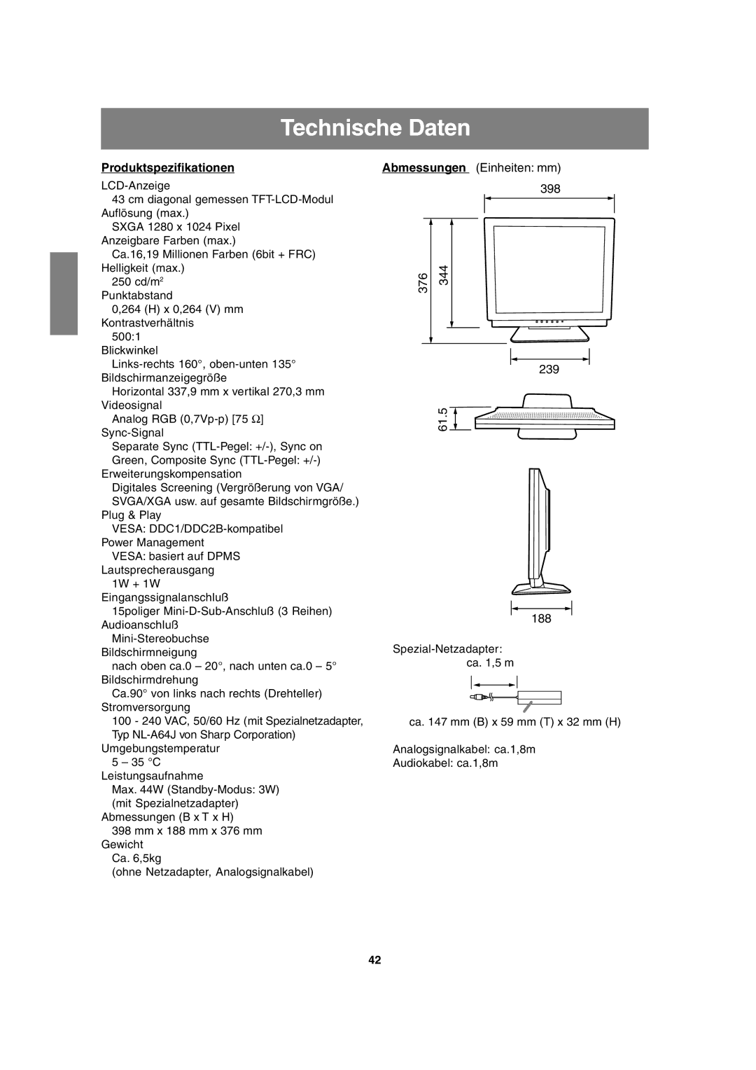 Sharp LL-T17A3 operation manual Technische Daten, Produktspezifikationen 