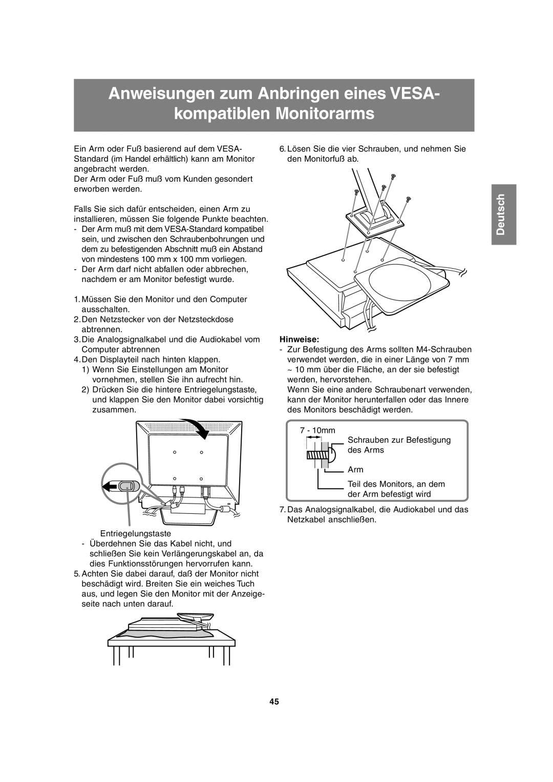 Sharp LL-T17A3 operation manual Anweisungen zum Anbringen eines Vesa Kompatiblen Monitorarms 