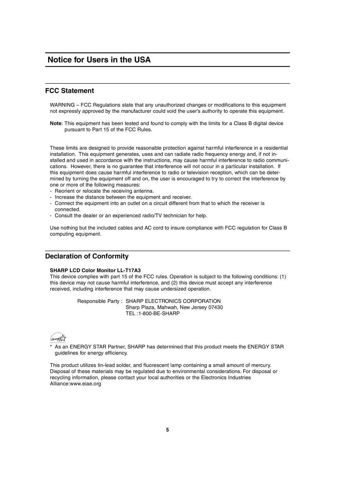 Sharp operation manual FCC Statement, Declaration of Conformity, Sharp LCD Color Monitor LL-T17A3 