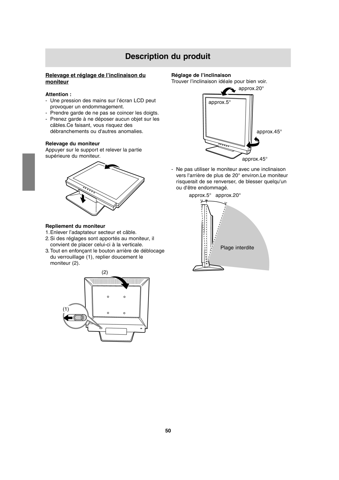 Sharp LL-T17A3 Description du produit, Relevage et réglage de l’inclinaison du moniteur, Relevage du moniteur 