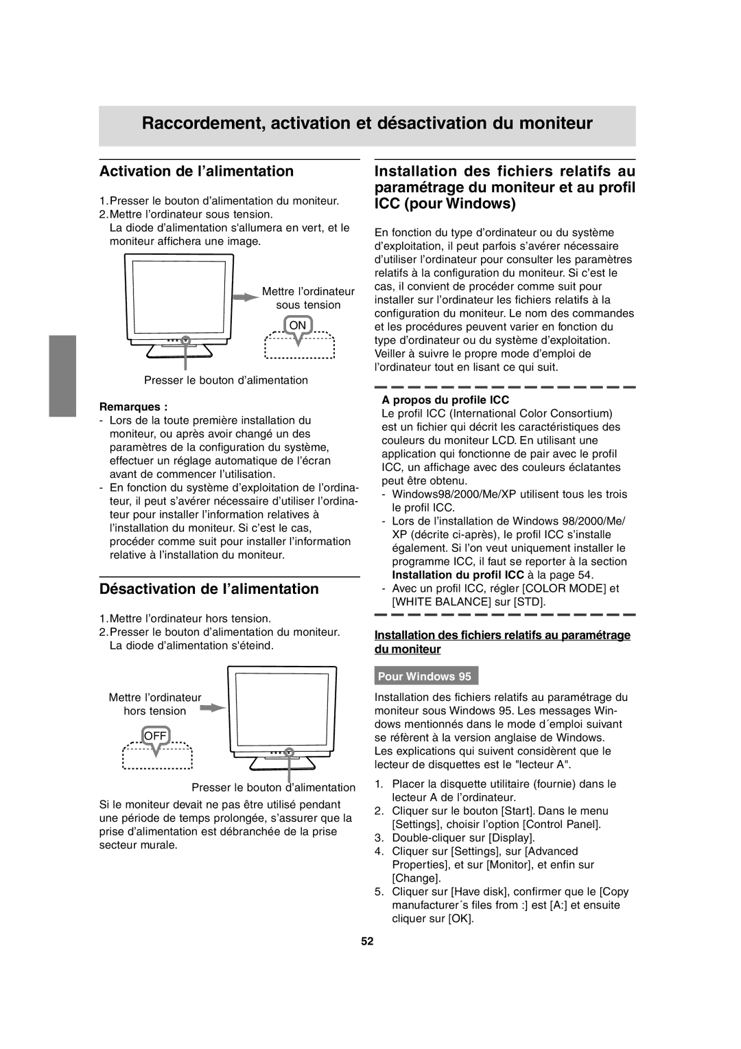 Sharp LL-T17A3 Raccordement, activation et désactivation du moniteur, Activation de l’alimentation, Pour Windows 