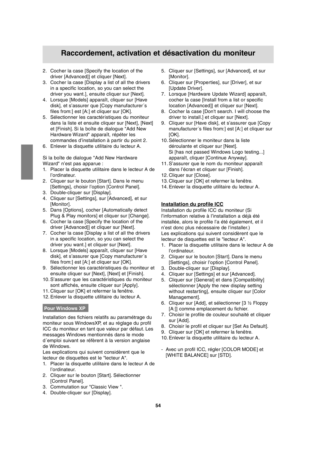 Sharp LL-T17A3 operation manual Installation du profile ICC, Pour Windows XP 