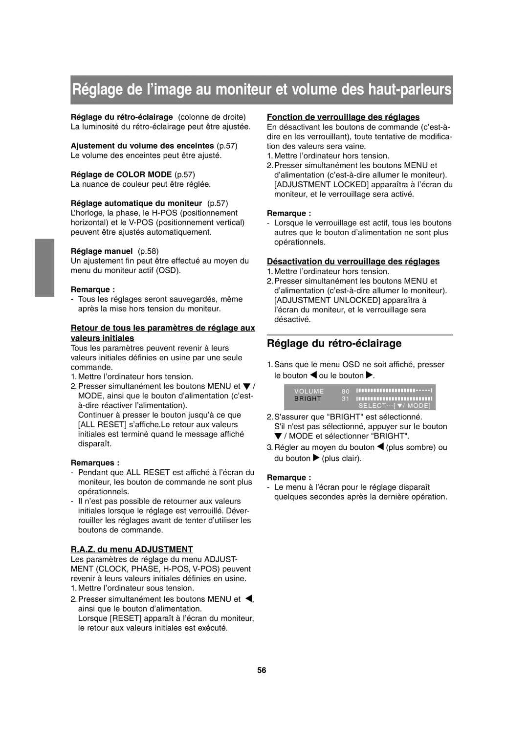 Sharp LL-T17A3 operation manual Réglage du rétro-éclairage, Fonction de verrouillage des réglages, Z. du menu Adjustment 