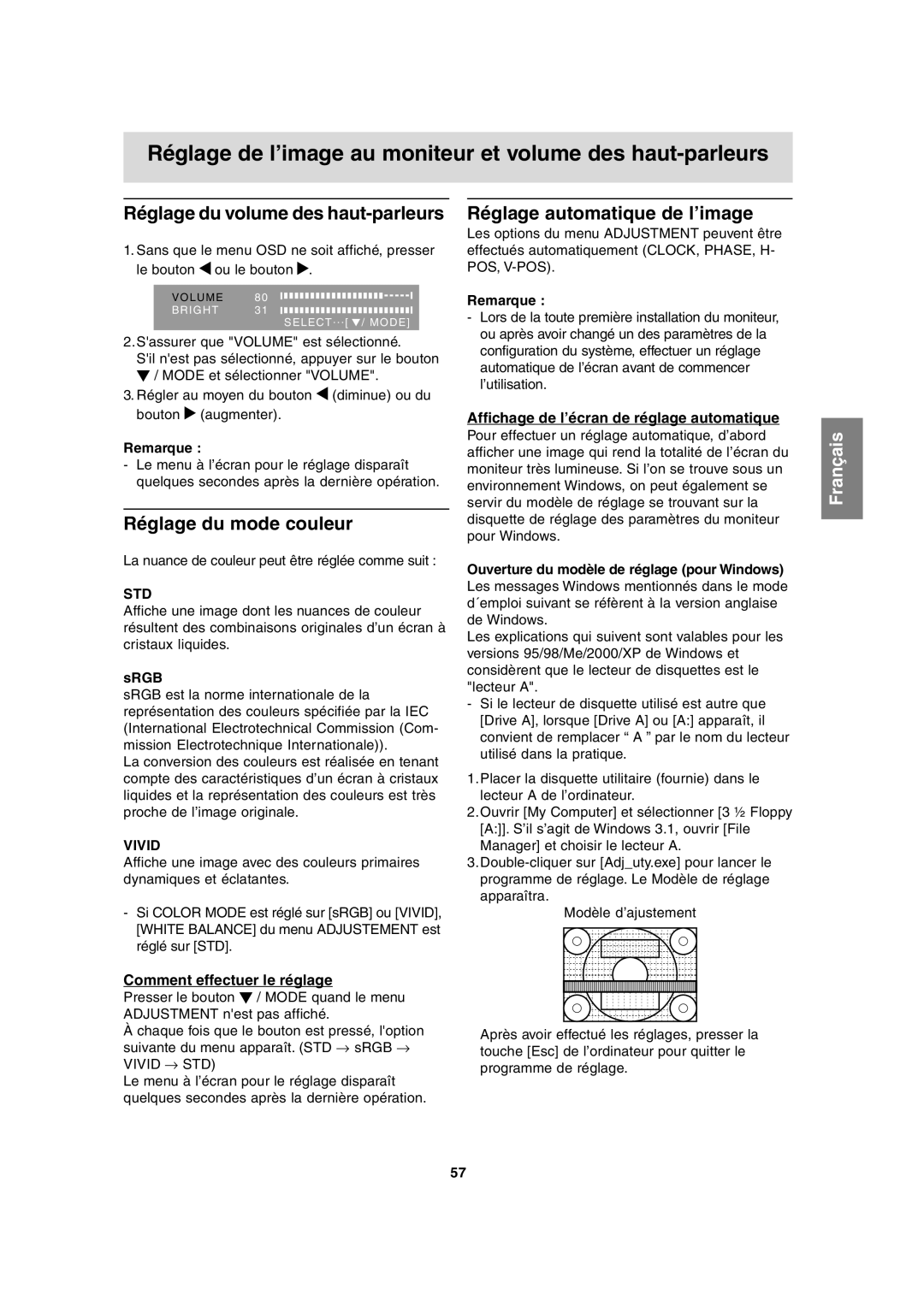 Sharp LL-T17A3 Réglage de l’image au moniteur et volume des haut-parleurs, Réglage du volume des haut-parleurs 