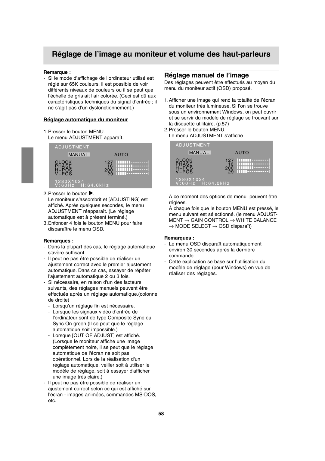 Sharp LL-T17A3 operation manual Réglage manuel de l’image, Réglage automatique du moniteur 
