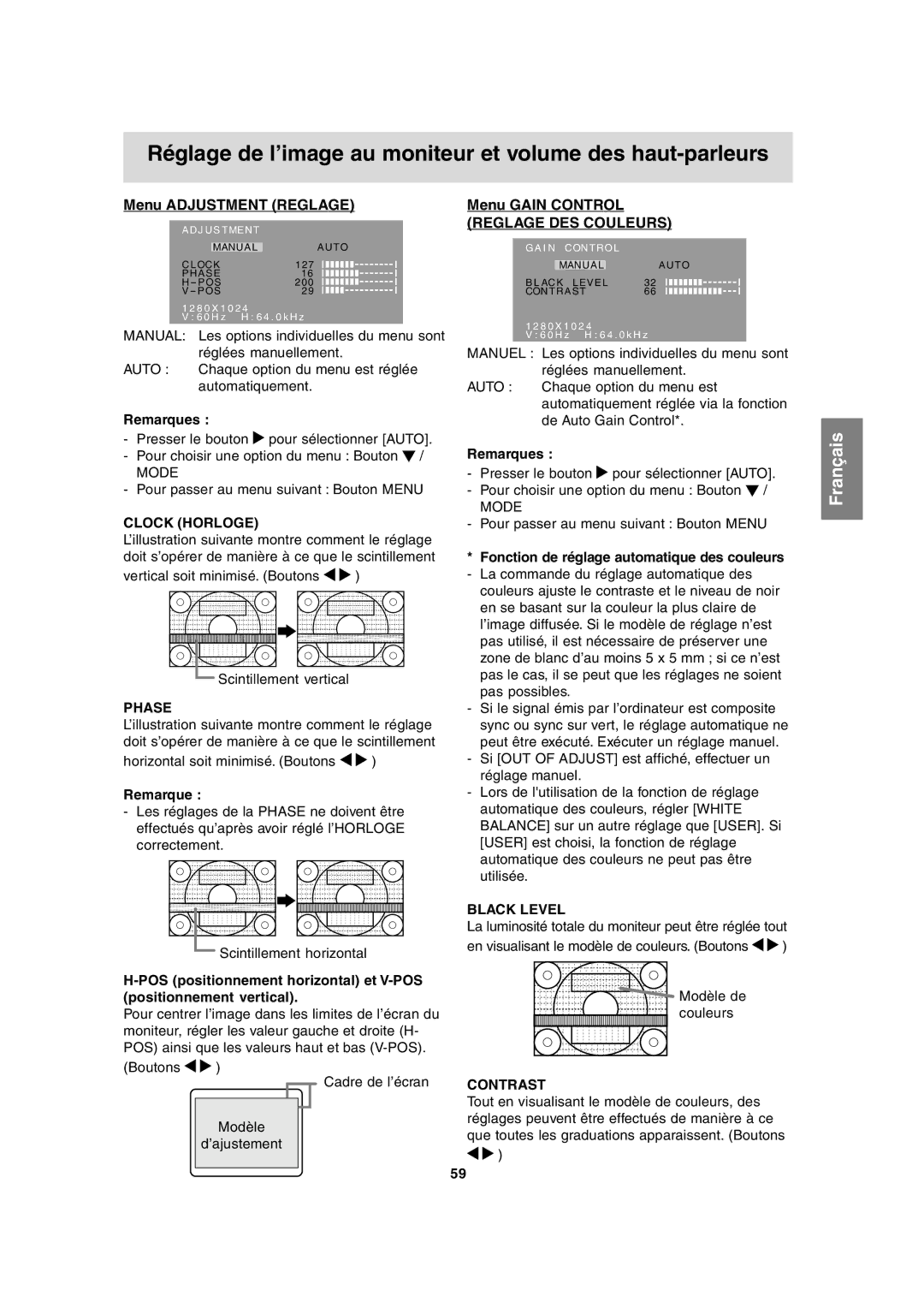 Sharp LL-T17A3 operation manual Menu Adjustment Reglage Menu Gain Control, Pour passer au menu suivant Bouton Menu 