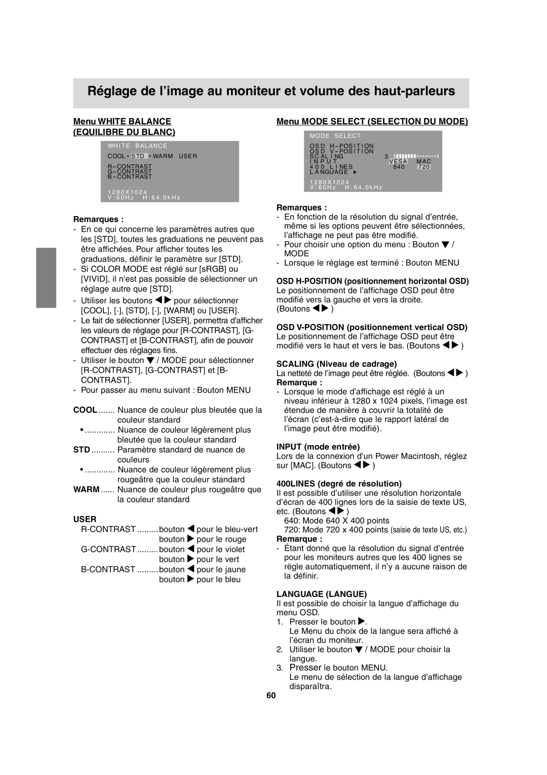 Sharp LL-T17A3 Menu White Balance Equilibre DU Blanc, Menu Mode Select Selection DU Mode, Scaling Niveau de cadrage 