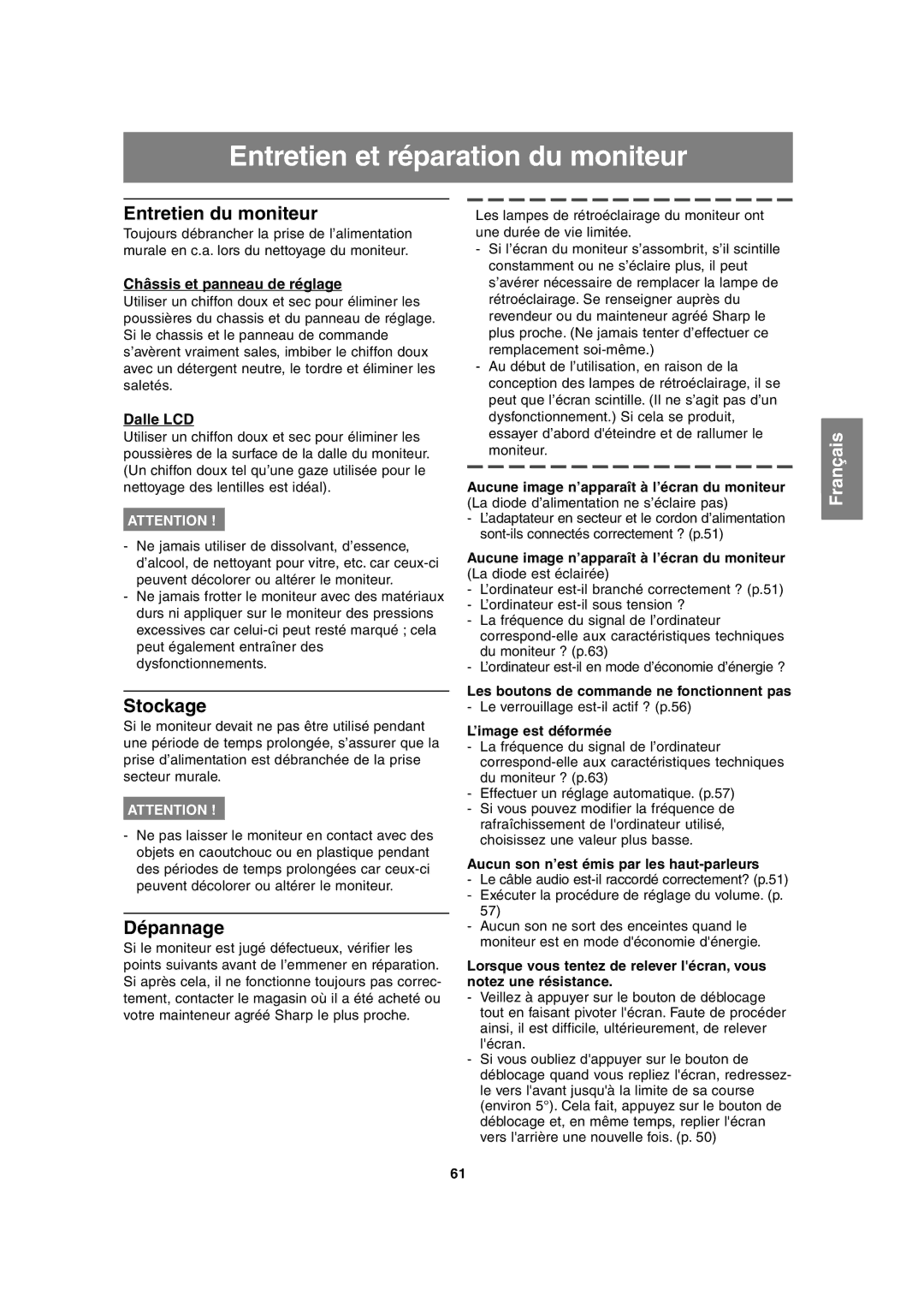 Sharp LL-T17A3 operation manual Entretien et réparation du moniteur, Entretien du moniteur, Stockage, Dépannage 