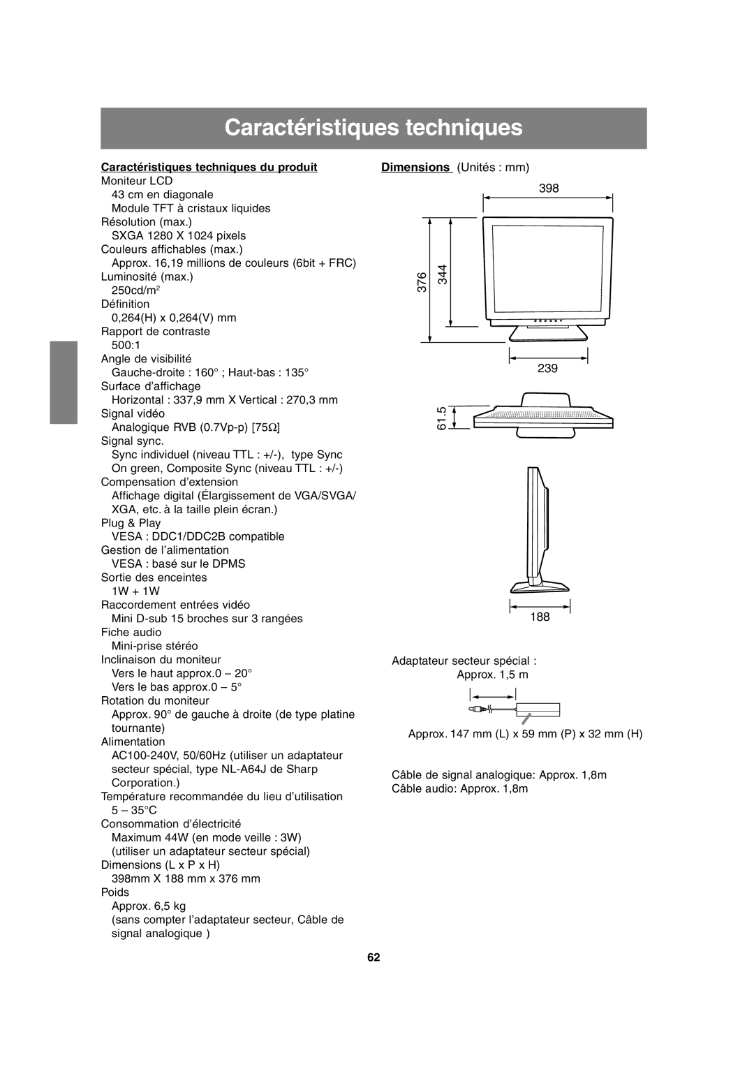 Sharp LL-T17A3 operation manual Caractéristiques techniques du produit 