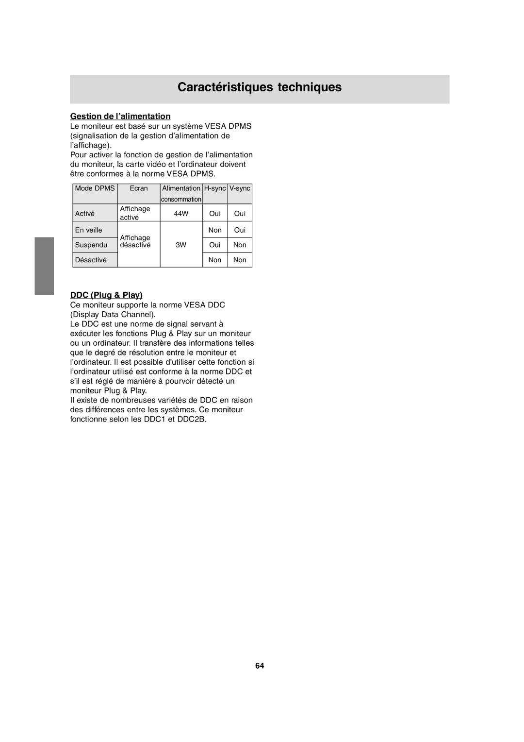 Sharp LL-T17A3 operation manual Gestion de l’alimentation, DDC Plug & Play 