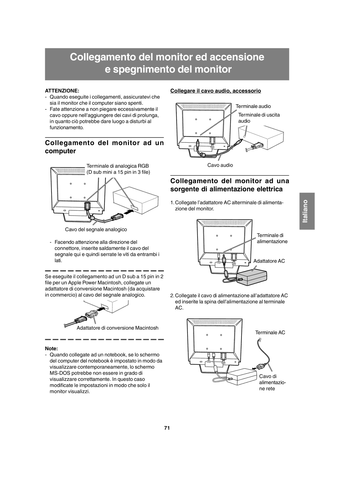 Sharp LL-T17A3 operation manual Collegamento del monitor ad un computer, Collegare il cavo audio, accessorio, Cavo audio 