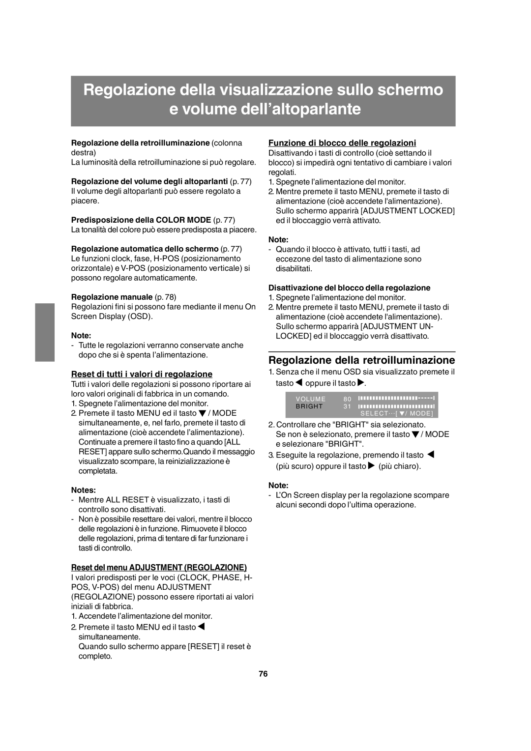 Sharp LL-T17A3 operation manual Regolazione della retroilluminazione, Reset di tutti i valori di regolazione 