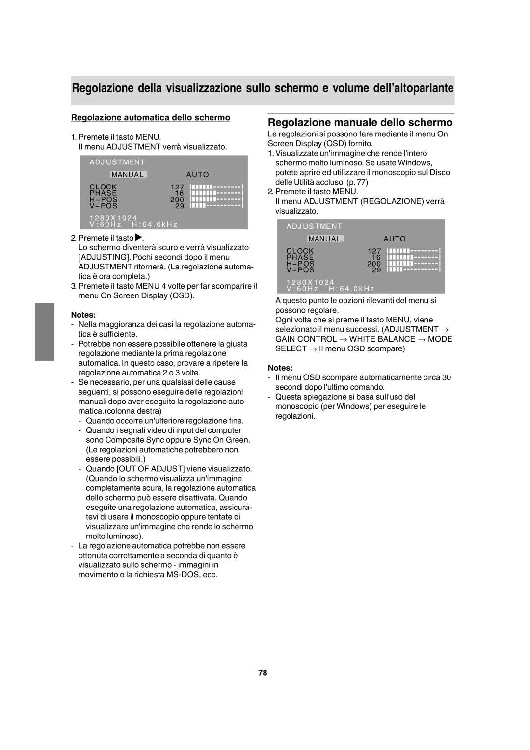 Sharp LL-T17A3 operation manual Regolazione manuale dello schermo, Regolazione automatica dello schermo 