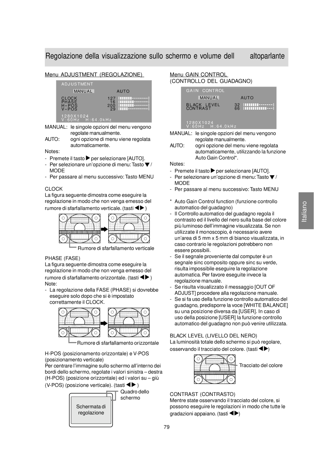 Sharp LL-T17A3 operation manual Menu Adjustment Regolazione Menu Gain Control, Per passare al menu successivo Tasto Menu 