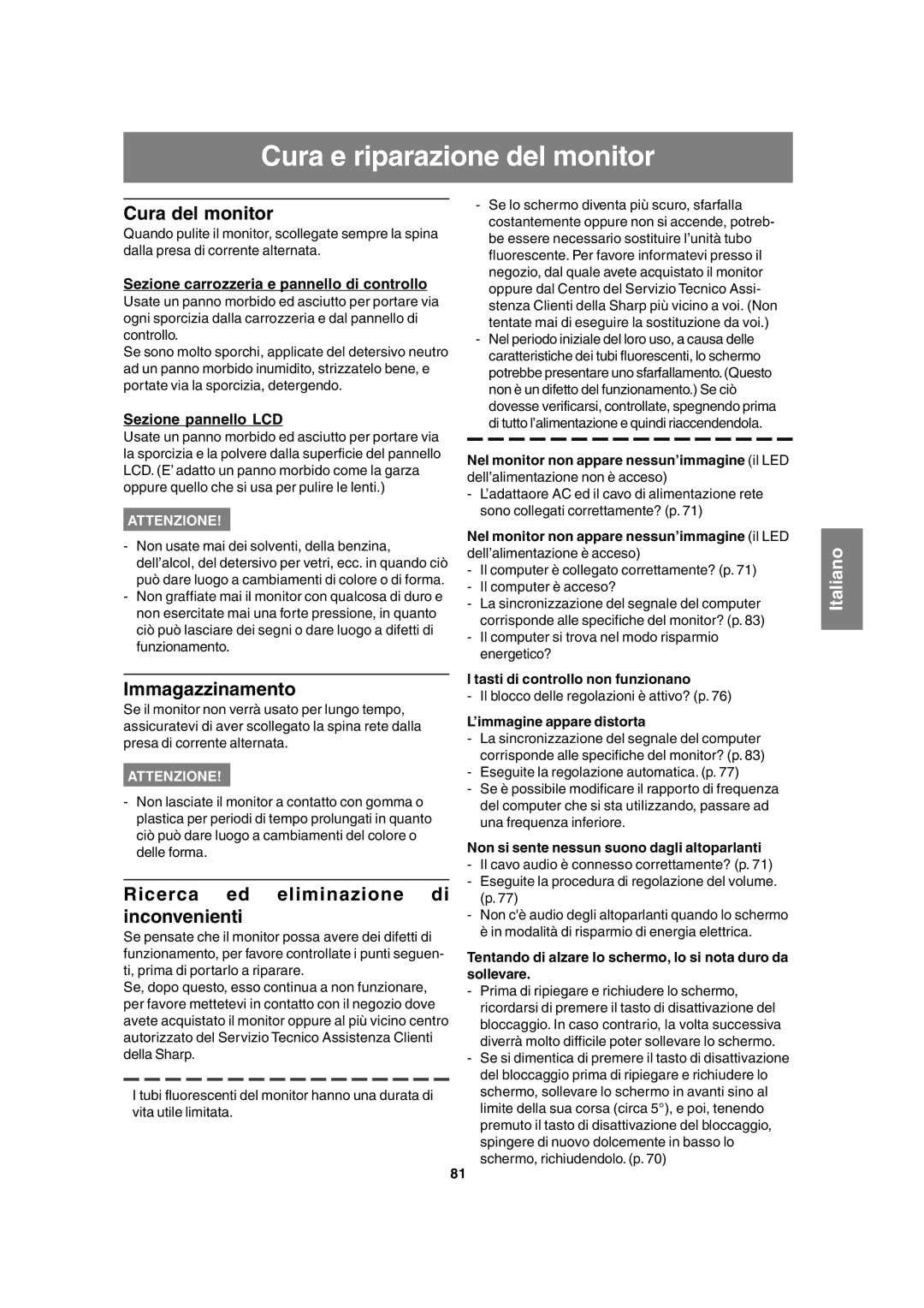 Sharp LL-T17A3 operation manual Cura e riparazione del monitor, Cura del monitor, Immagazzinamento 