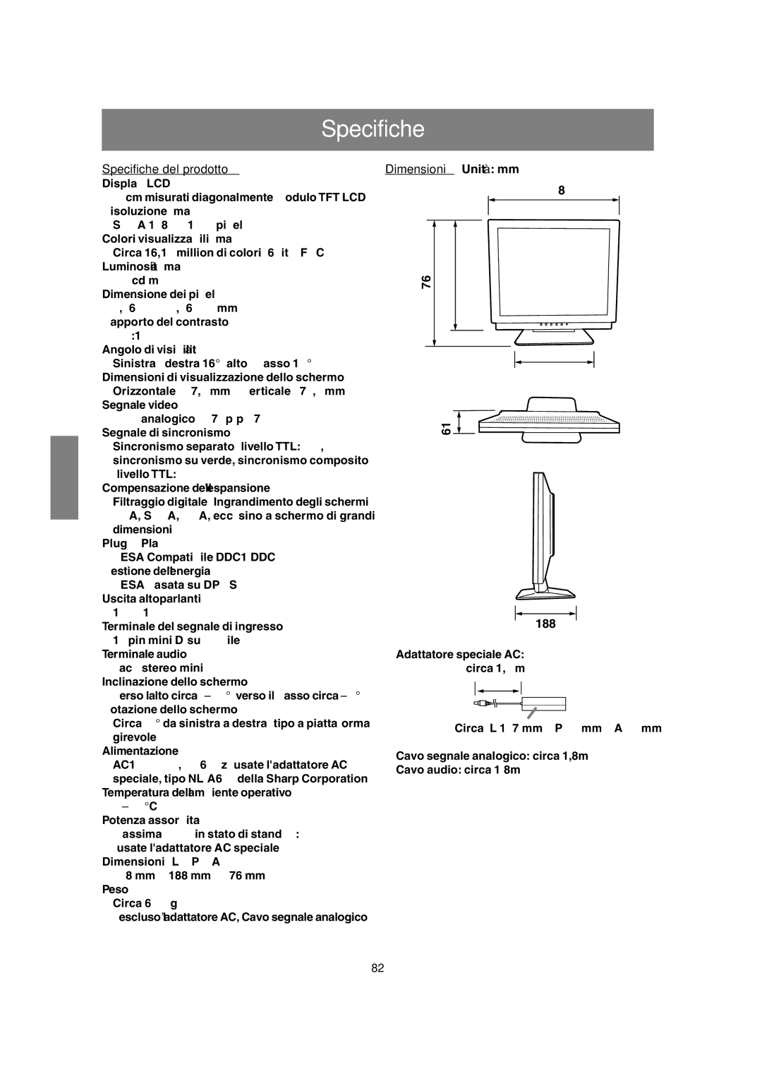 Sharp LL-T17A3 operation manual Specifiche del prodotto 