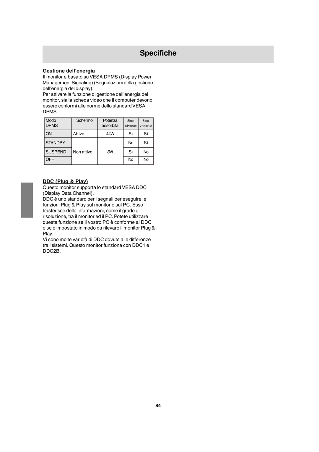 Sharp LL-T17A3 operation manual Gestione dell’energia, DDC Plug & Play 