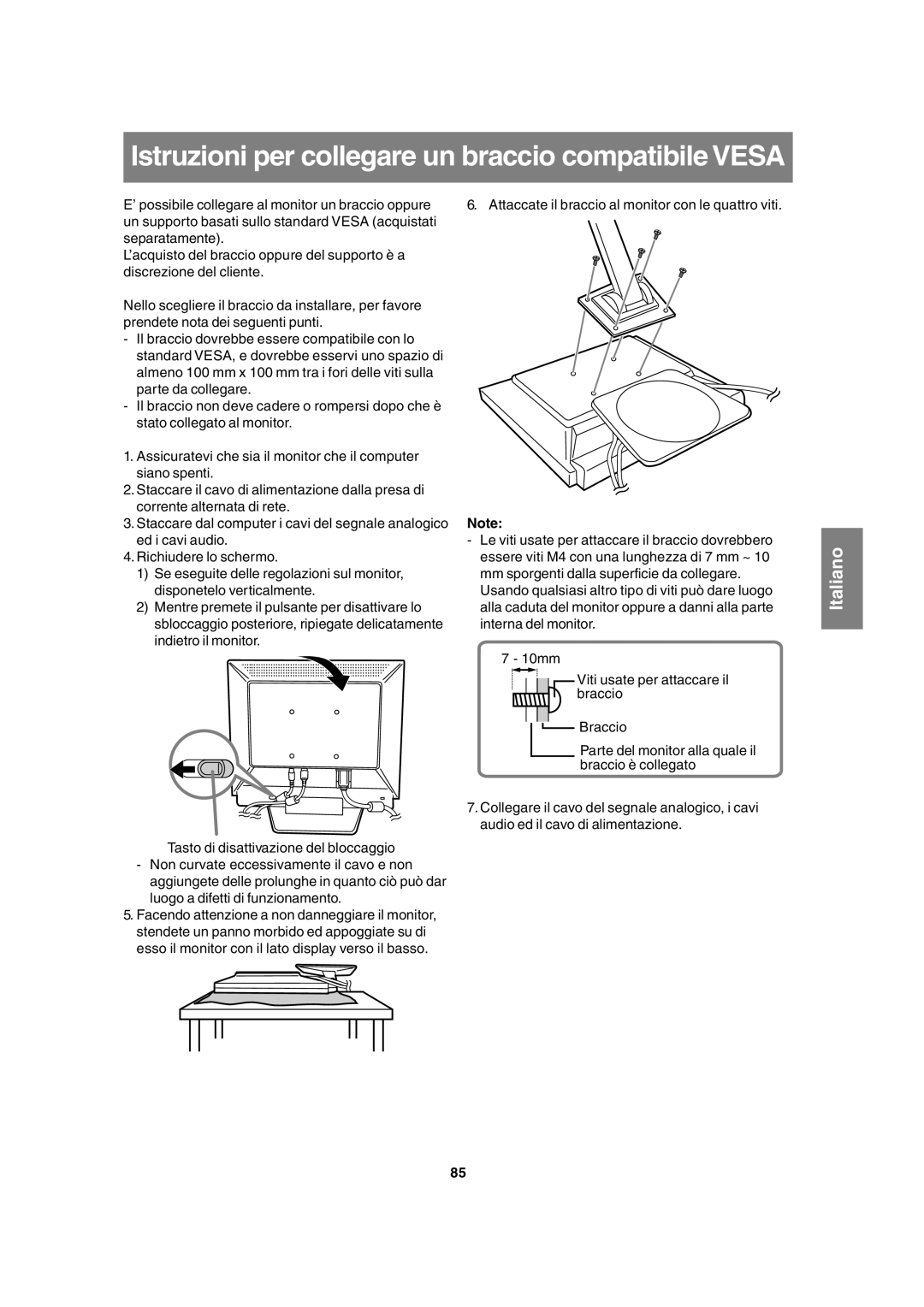 Sharp LL-T17A3 Istruzioni per collegare un braccio compatibile Vesa, Attaccate il braccio al monitor con le quattro viti 