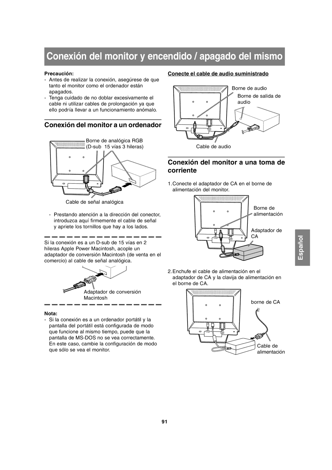 Sharp LL-T17A3 operation manual Conexión del monitor a un ordenador, Conexión del monitor a una toma de corriente, Nota 