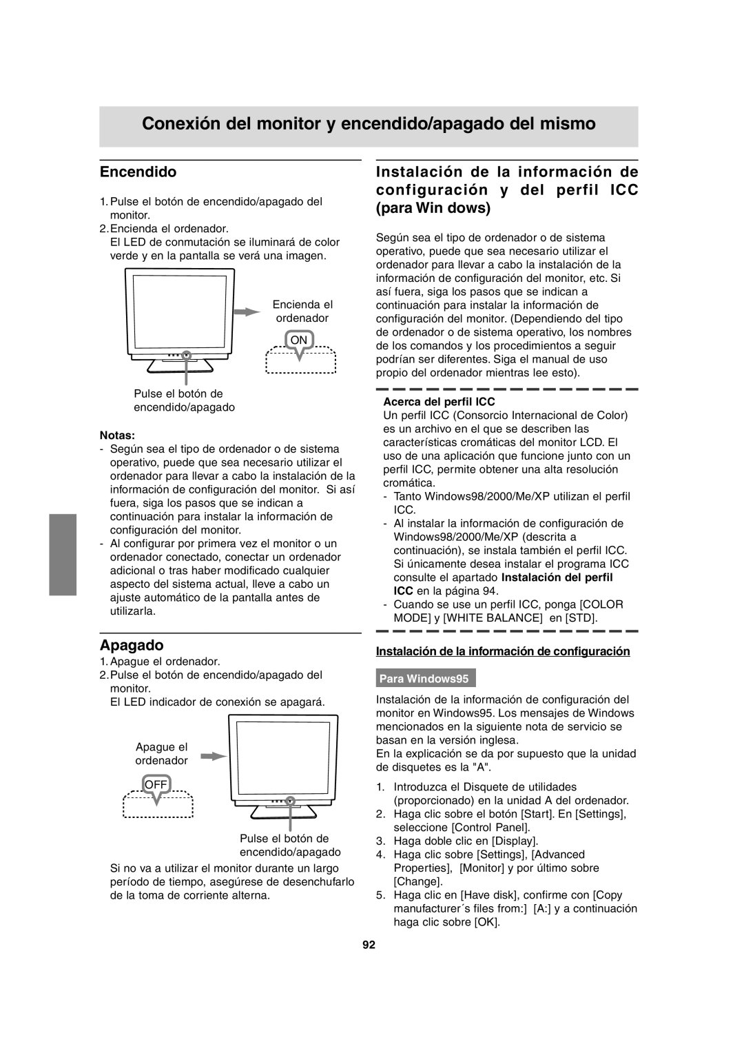 Sharp LL-T17A3 operation manual Conexión del monitor y encendido/apagado del mismo, Encendido, Apagado, Para Windows95 