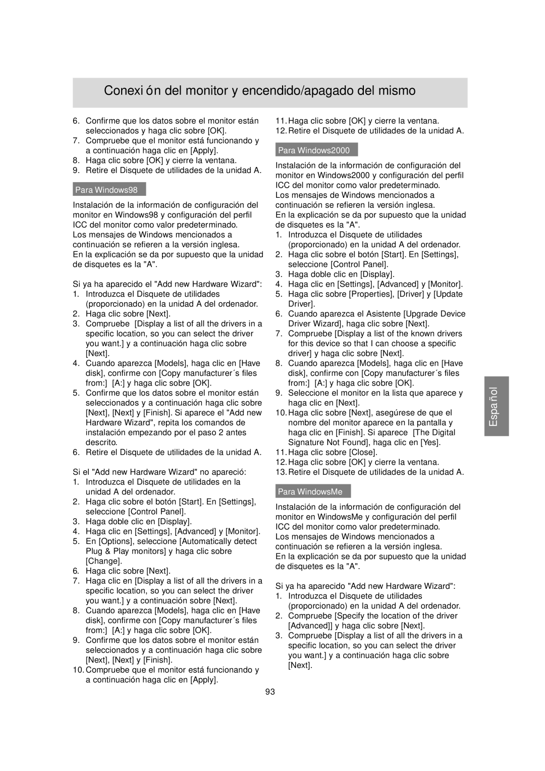 Sharp LL-T17A3 operation manual Para Windows98, Para Windows2000, Para WindowsMe 