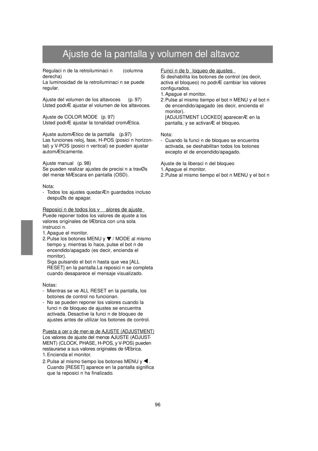 Sharp LL-T17A3 operation manual Ajuste de la pantalla y volumen del altavoz, Regulación de la retroiluminación 