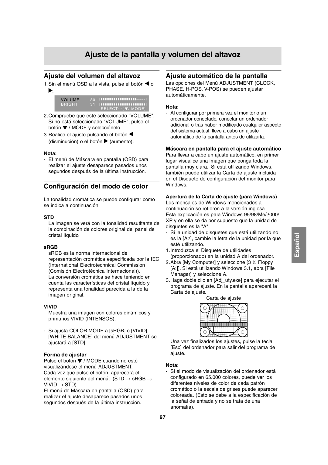 Sharp LL-T17A3 operation manual Ajuste de la pantalla y volumen del altavoz, Ajuste del volumen del altavoz 