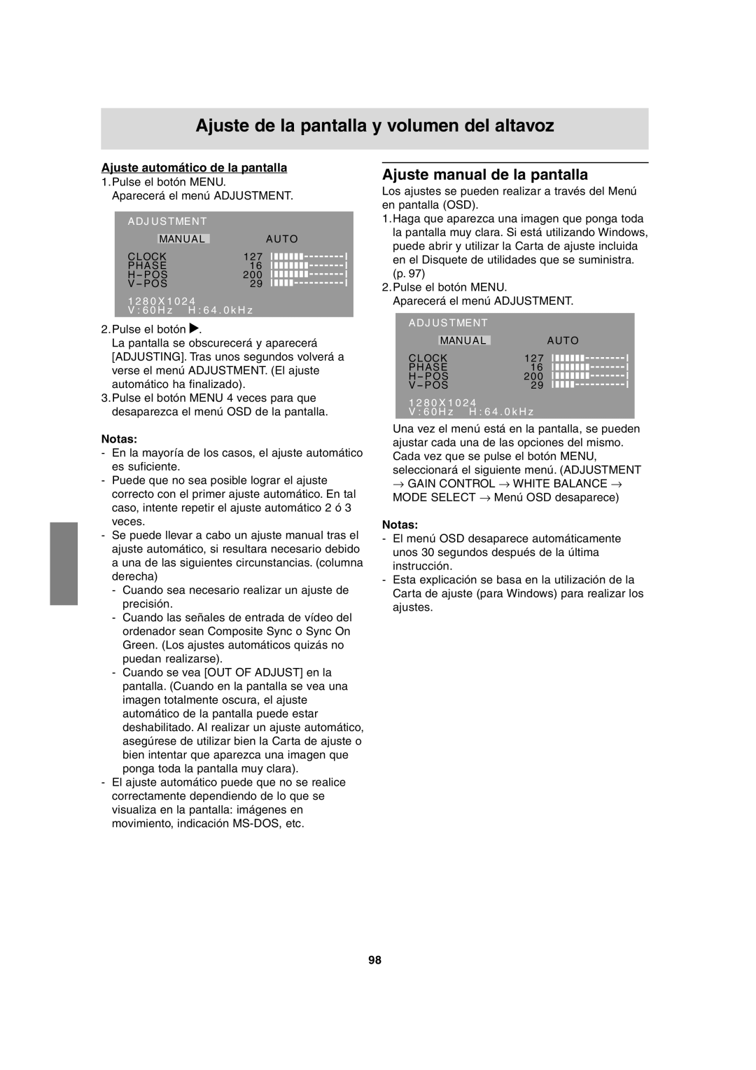 Sharp LL-T17A3 operation manual Ajuste manual de la pantalla, Ajuste automático de la pantalla 