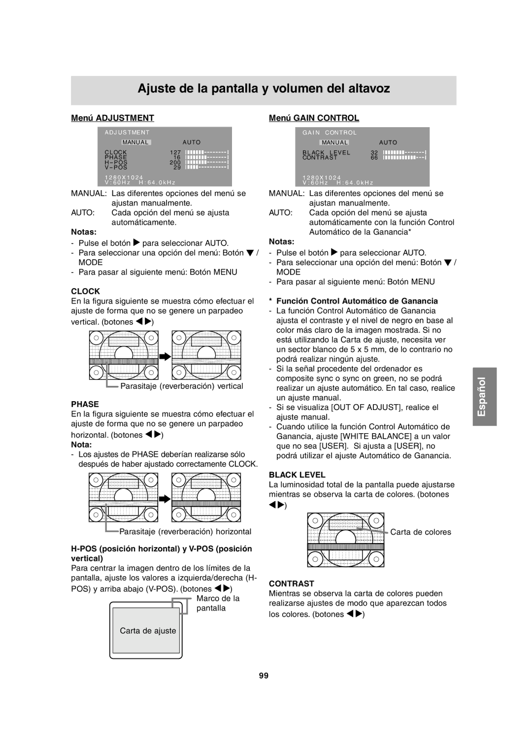 Sharp LL-T17A3 Menú Adjustment Menú Gain Control, Para pasar al siguiente menú Botón Menu, Carta de colores 