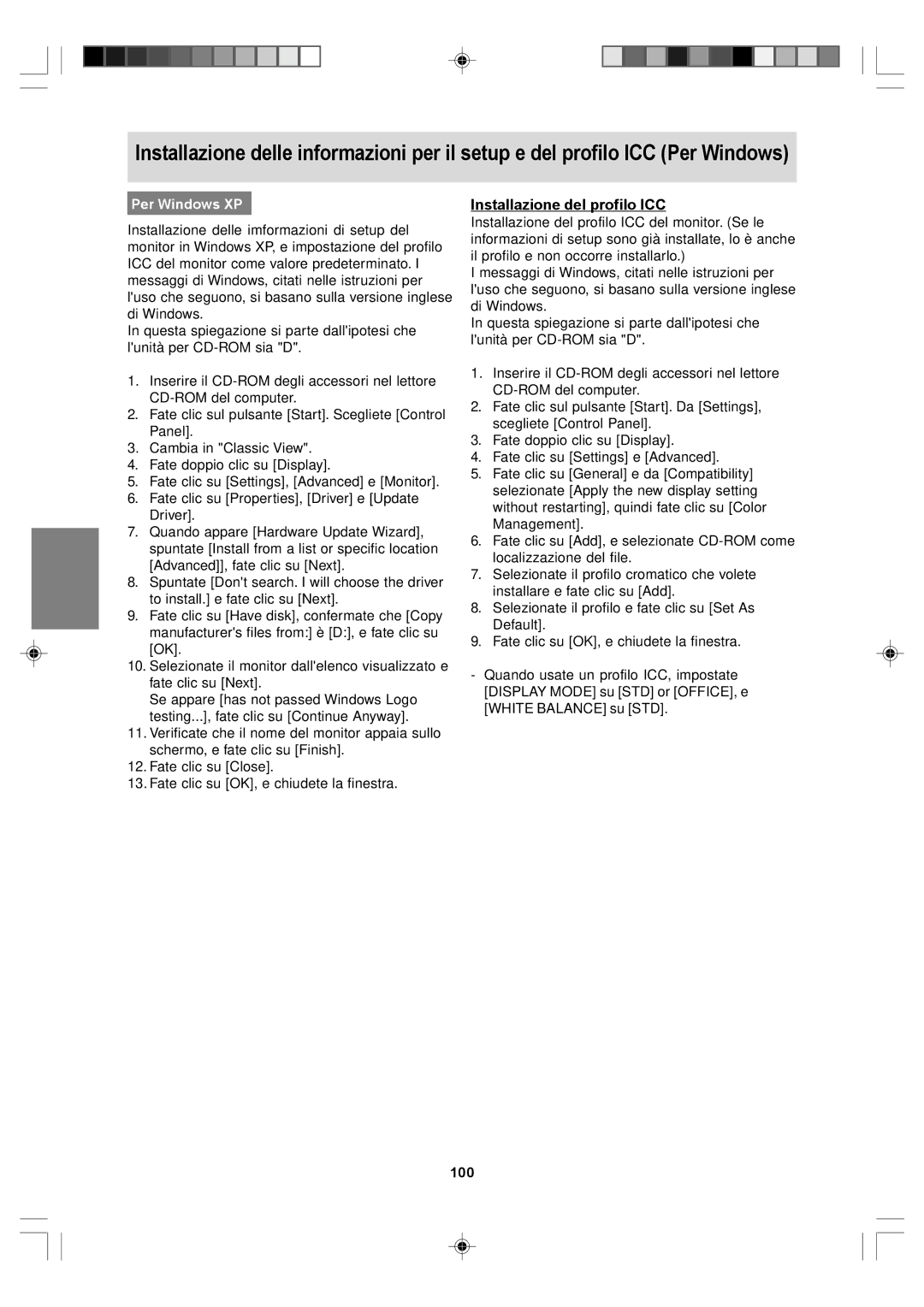 Sharp LL-T17A4, LL-T17D4 operation manual Per Windows XP Installazione del profilo ICC, 100 