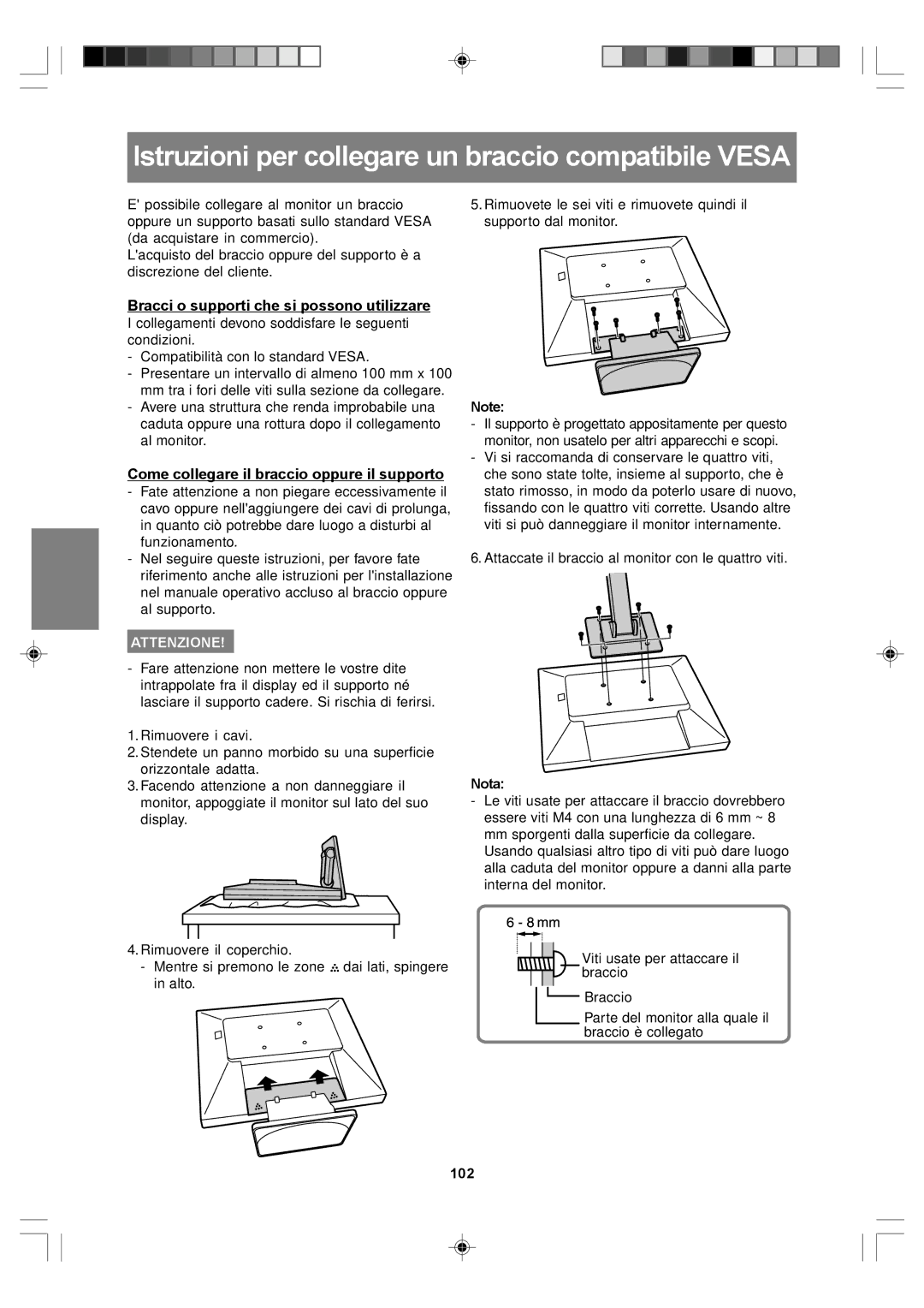 Sharp LL-T17A4 Istruzioni per collegare un braccio compatibile Vesa, Bracci o supporti che si possono utilizzare, 102 