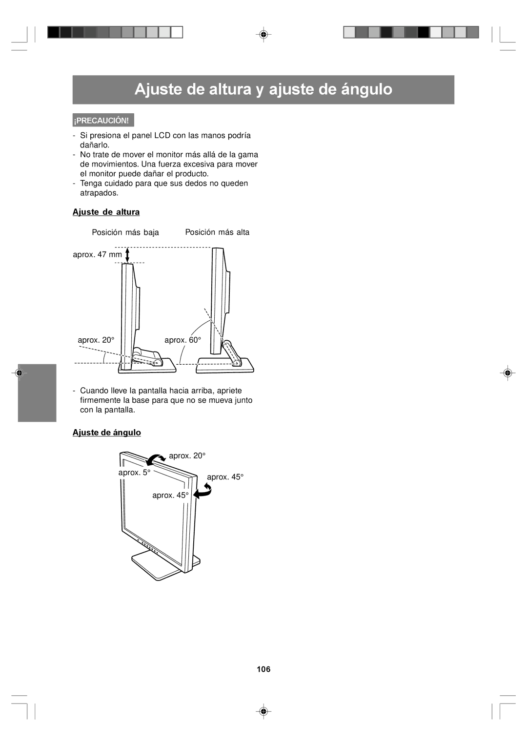 Sharp LL-T17A4, LL-T17D4 operation manual Ajuste de altura y ajuste de ángulo, Ajuste de ángulo, 106 