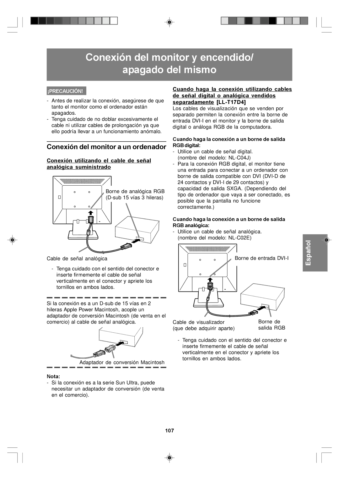 Sharp LL-T17D4, LL-T17A4 Conexión del monitor y encendido Apagado del mismo, Conexión del monitor a un ordenador, 107 