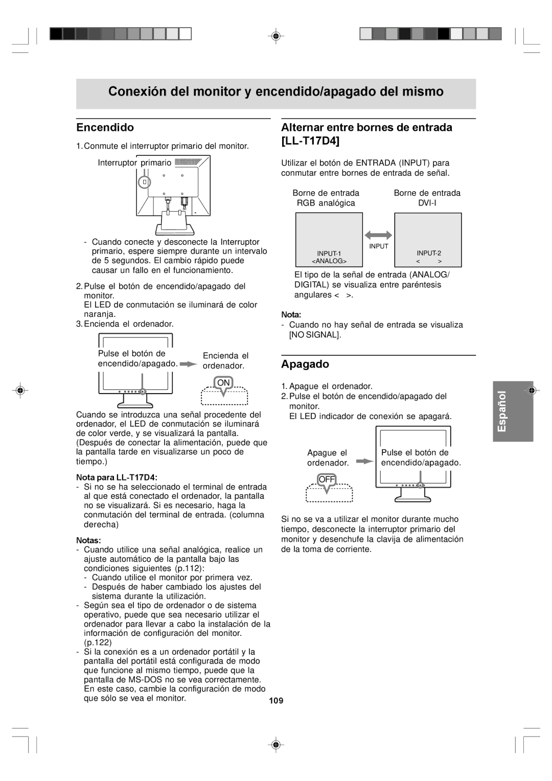 Sharp LL-T17A4 operation manual Encendido, Alternar entre bornes de entrada LL-T17D4, Apagado 