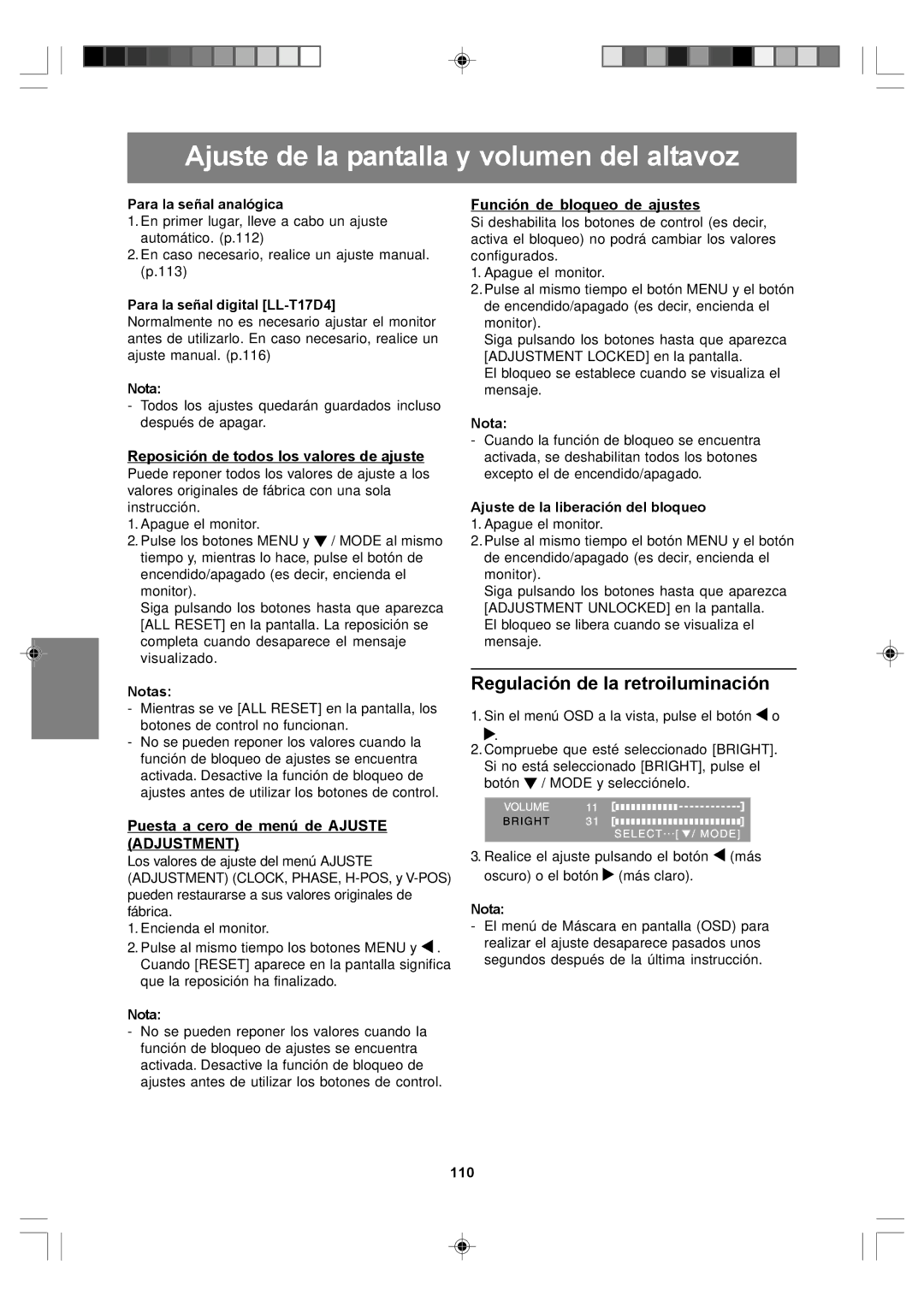 Sharp LL-T17A4, LL-T17D4 operation manual Ajuste de la pantalla y volumen del altavoz, Regulación de la retroiluminación 