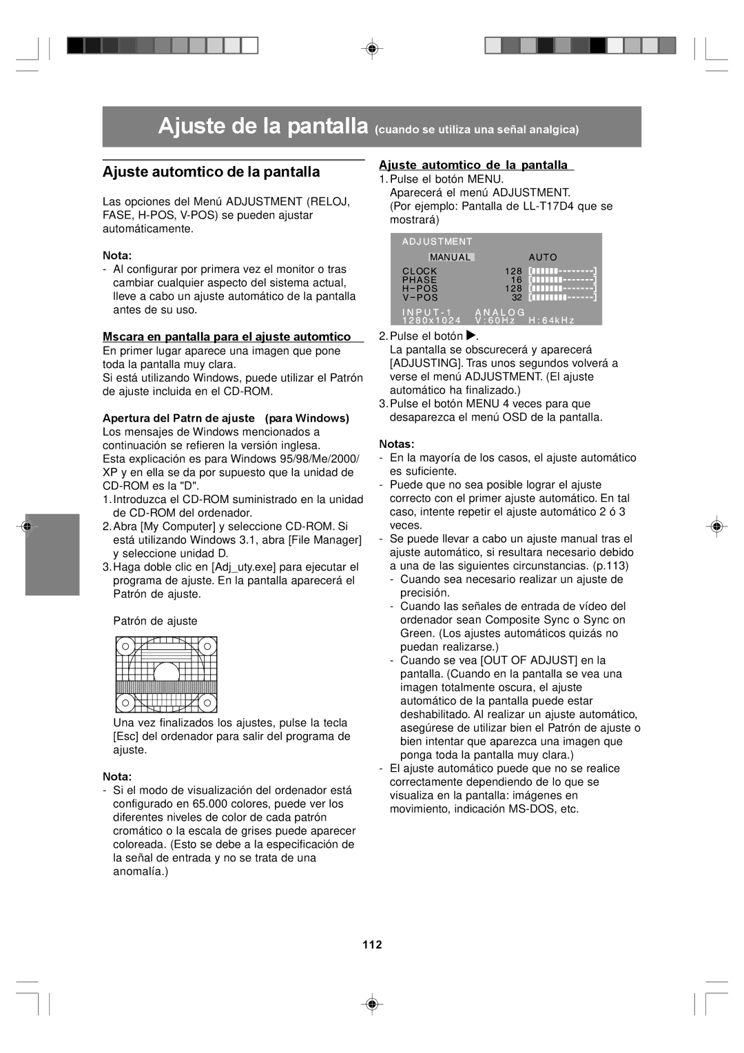 Sharp LL-T17A4, LL-T17D4 Ajuste automático de la pantalla, Máscara en pantalla para el ajuste automático, 112 