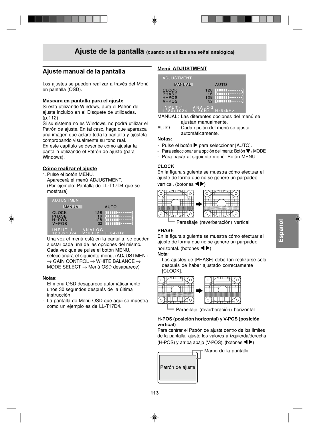 Sharp LL-T17D4 Ajuste manual de la pantalla, Menú Adjustment, Máscara en pantalla para el ajuste, Cómo realizar el ajuste 